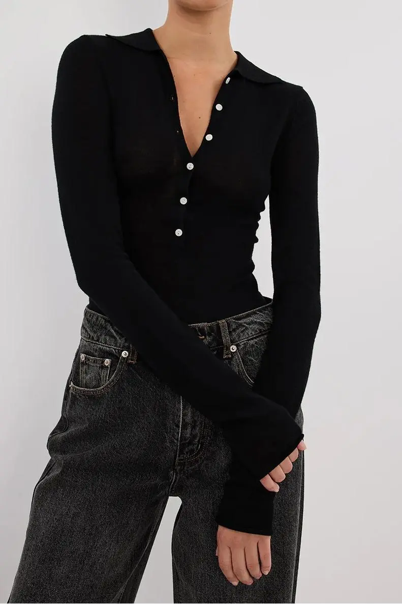 JANE BLACK MERINO POLO KNIT TOP