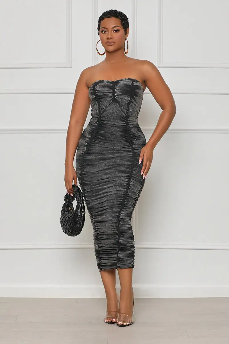 Acid Wash Tube Midi Dress (Black)