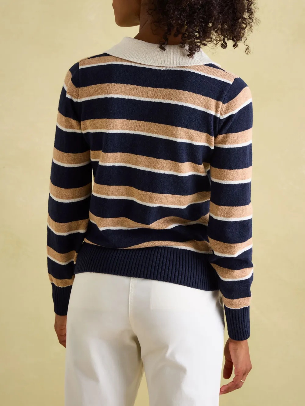 NavyOatmeal V Neck Stripe Jumper with Collar