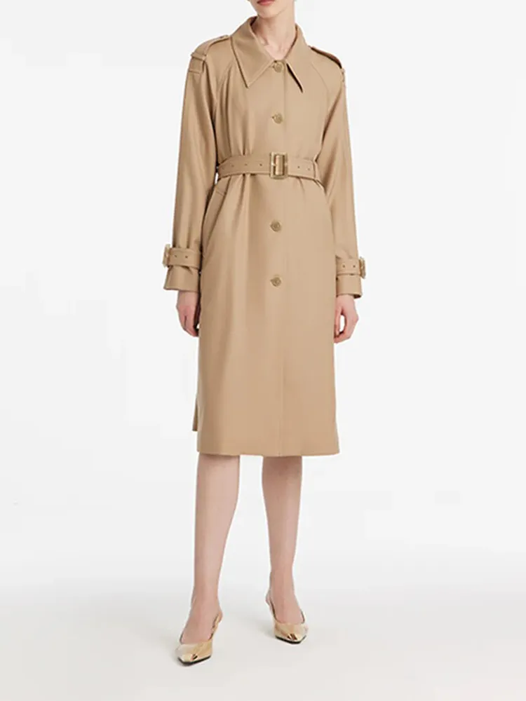 Worsted Wool Lapel Women Trench Coat With Belt