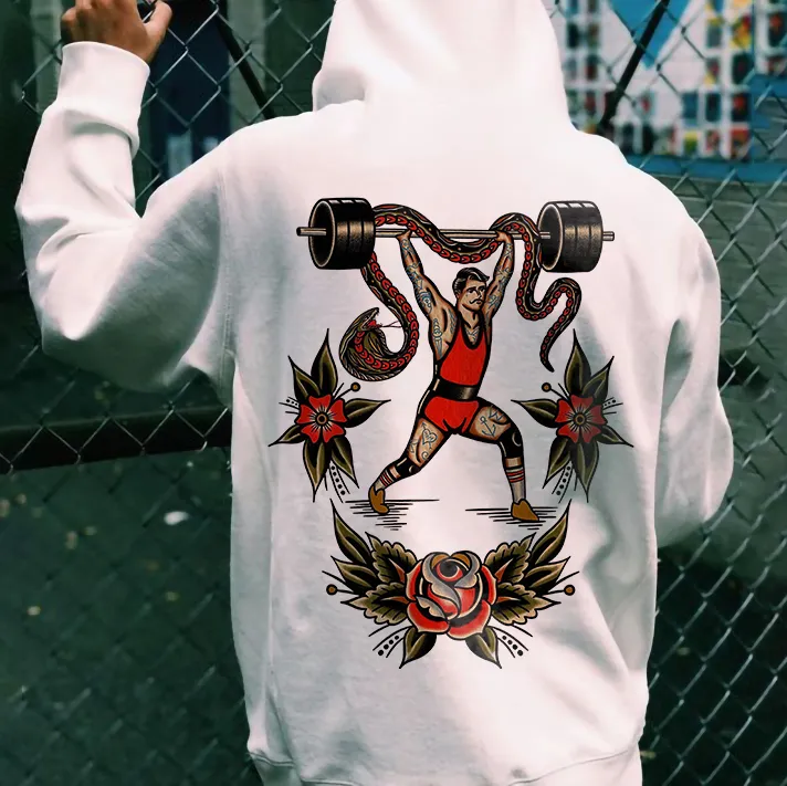 Snake Man Weight Lifting Print White Casual Hoodie