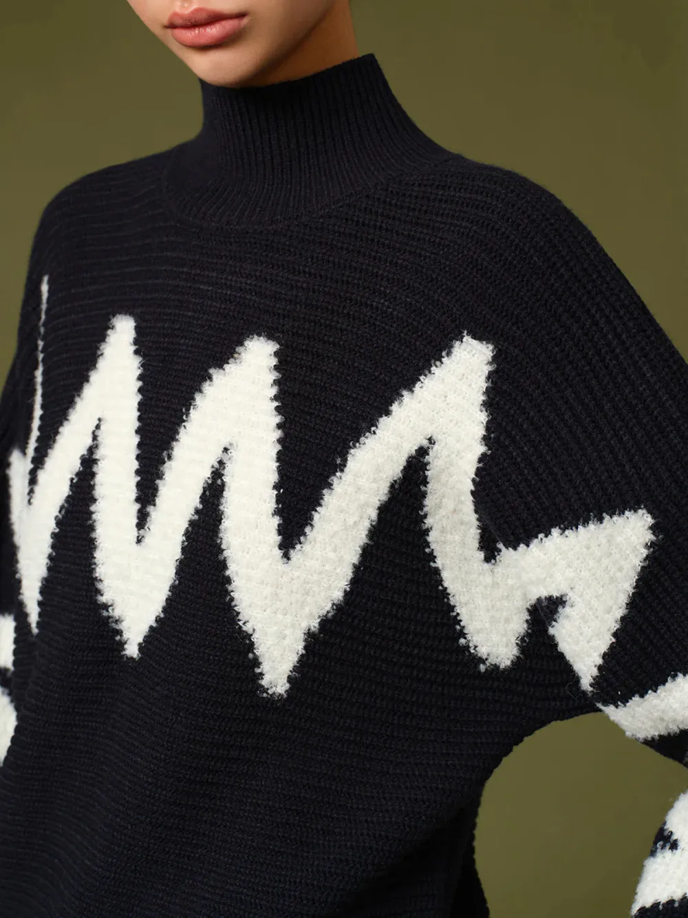 Line Print Contrast High Neck Sweater