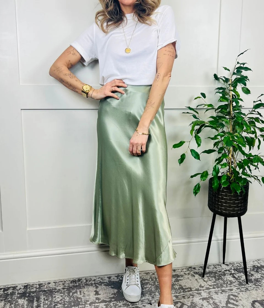 Green Satin Midi Slip Skirt