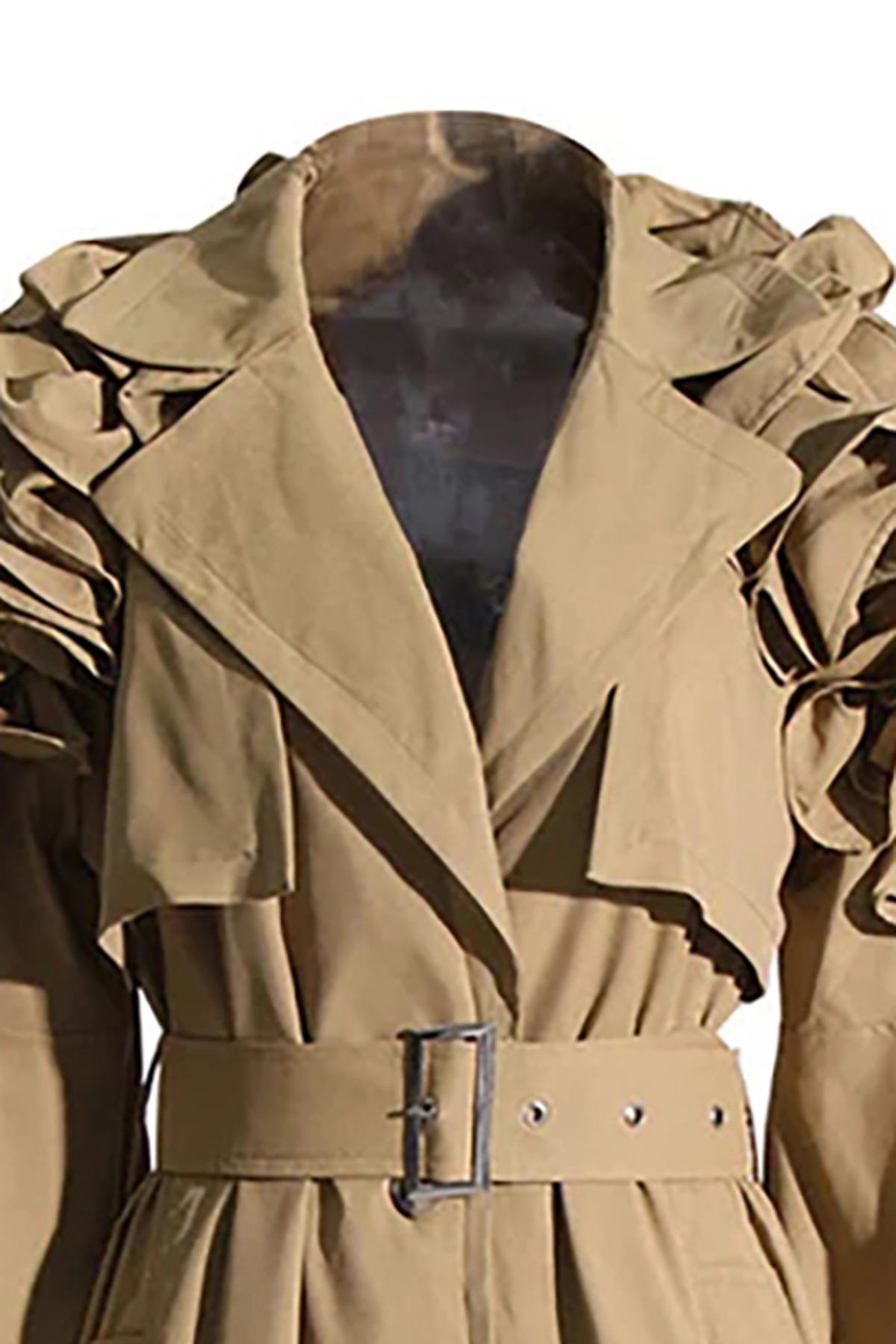 Elegant Puff Sleeve Button Front Belted Cinch Waist Ruffle Trench Coat