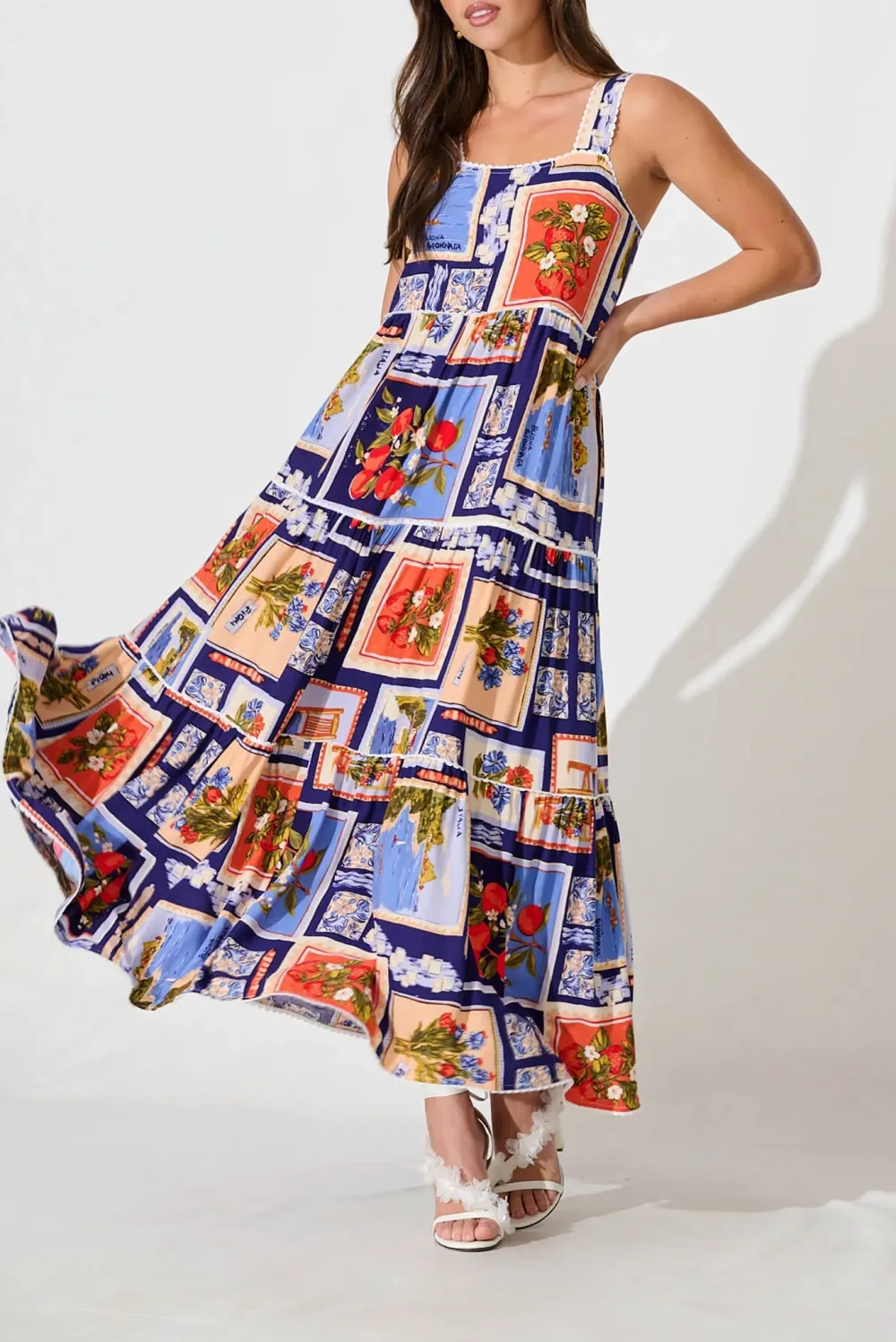 Blue Based Patchwork Print Maxi Dress