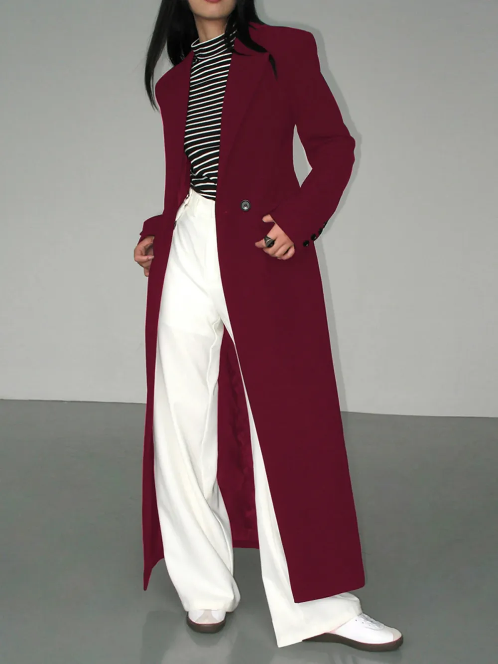 Plain Button Up Lapel Long Blazer