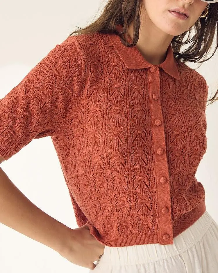 Short-Sleeve Buttoned-Down Crochet Top with Shirt Collar