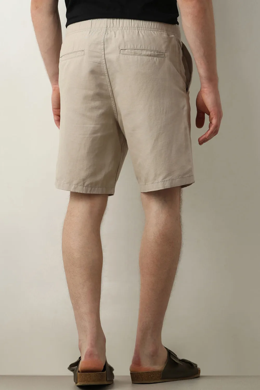 Beige Mid Rise Drawstring Linen Shorts