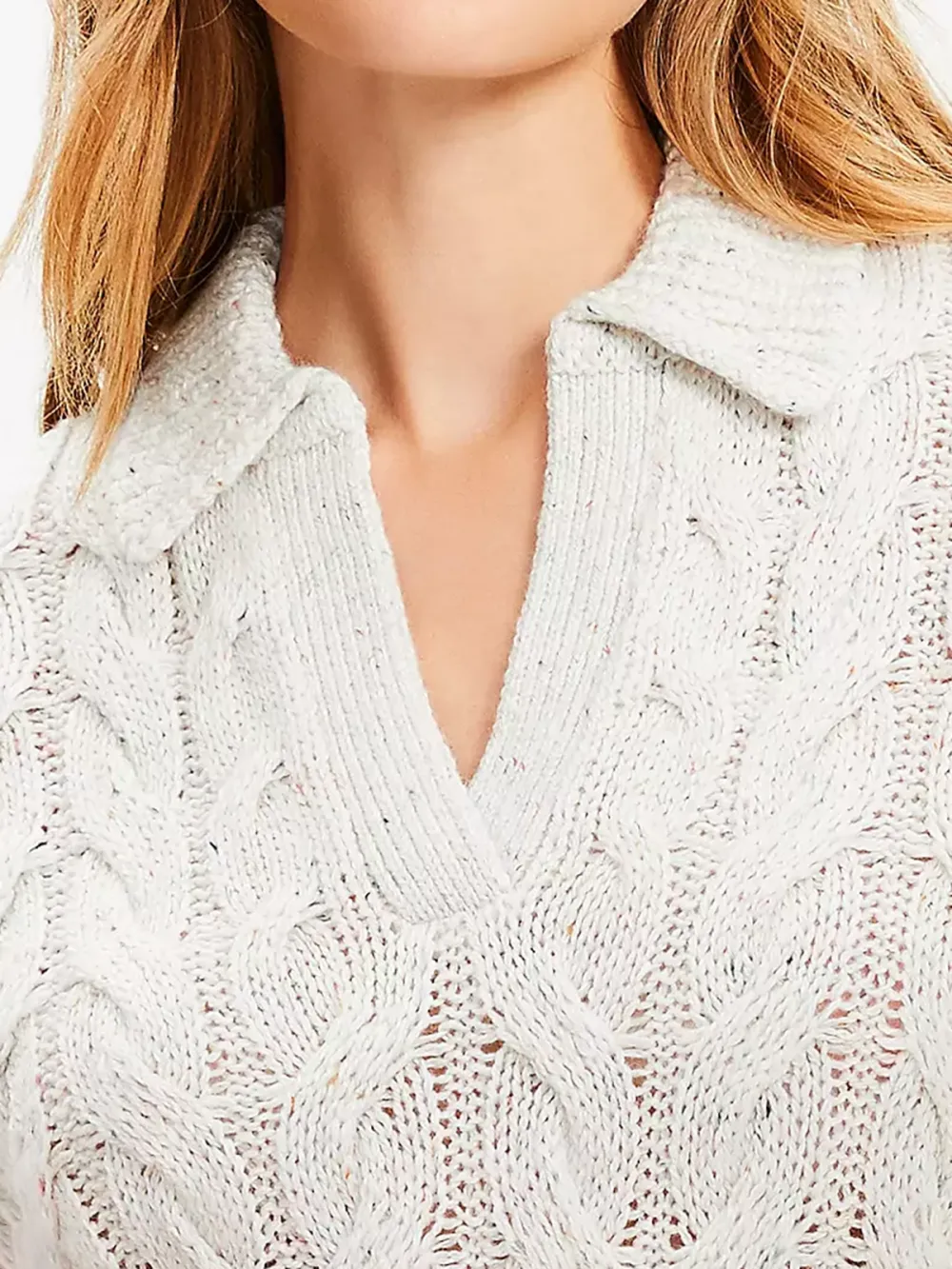 Flecked Collared Split Neck Cable Sweater