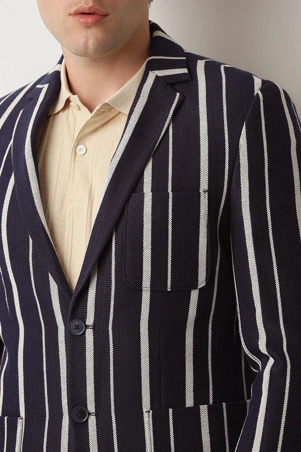 Navy Blue Textured Linen Casual Blazer