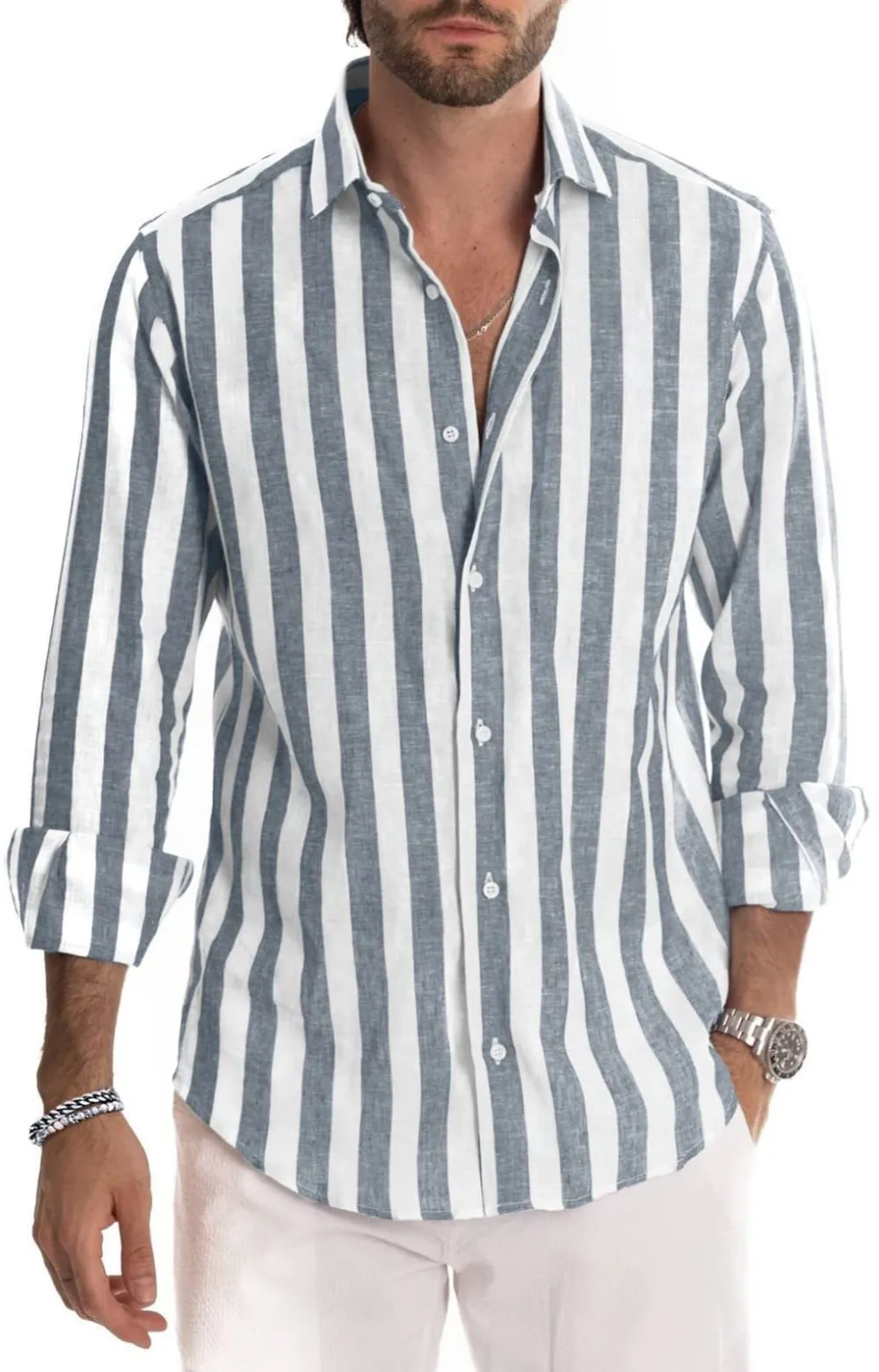 Men's Long-sleeved lapel striped shirt loose shirt