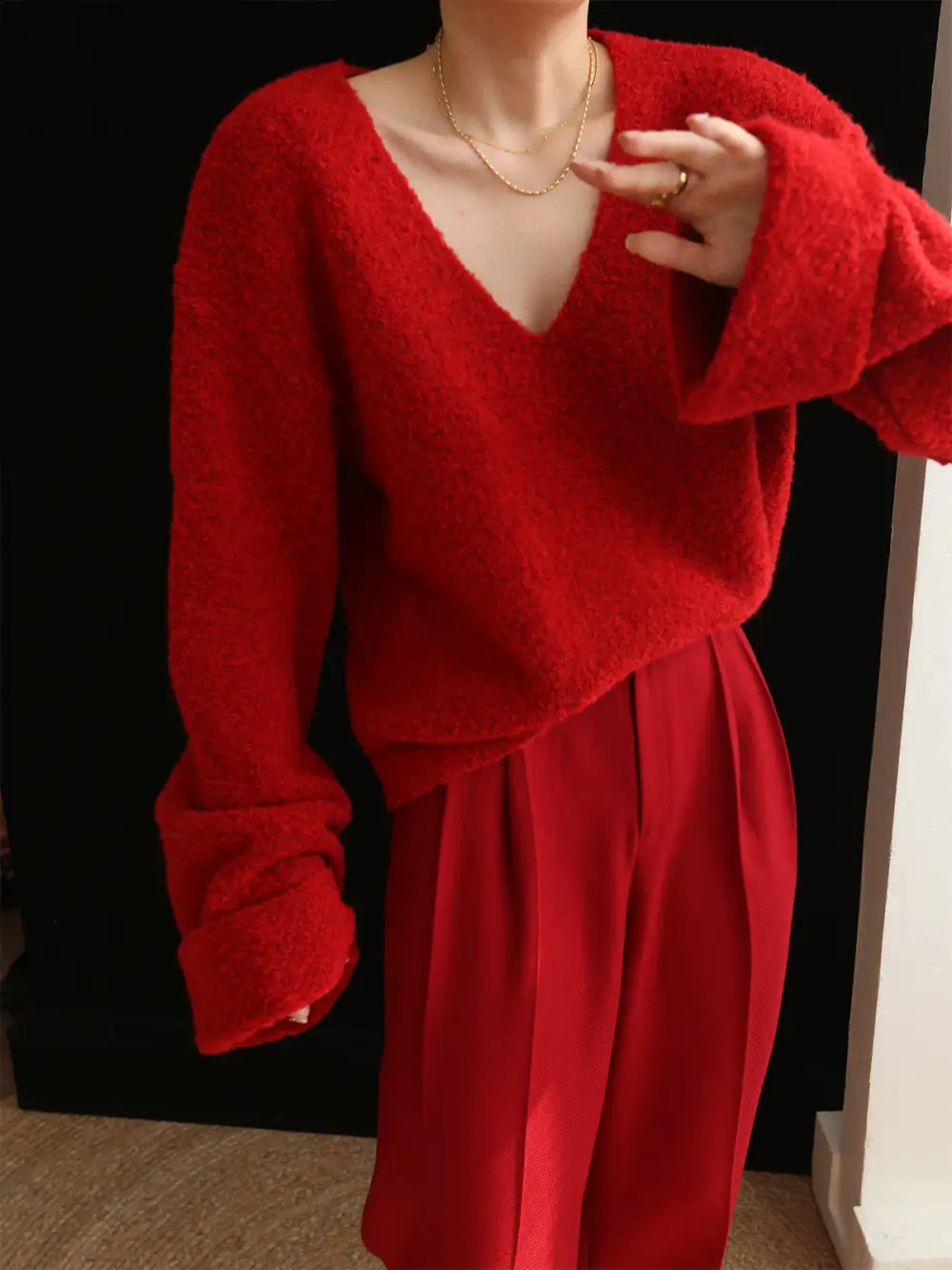 Plain V-Neck Drop Shoulder Long Sleeve Sweater