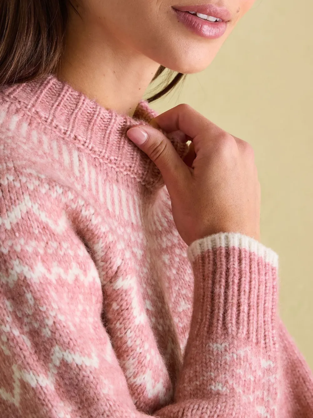 Charlotte Pink Crew Neck Fairisle Pattern Jumper