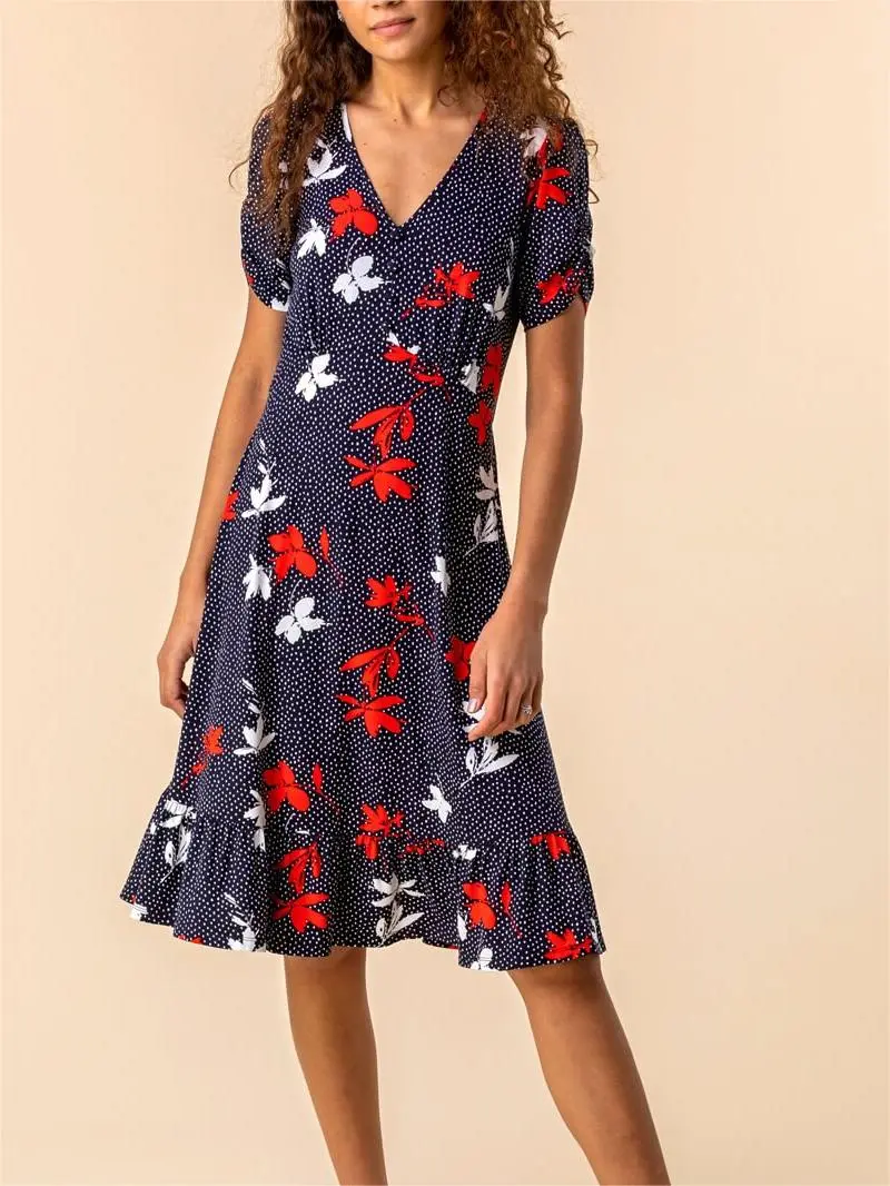 Navy Floral Spot Print Frill Stretch Dress