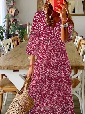 Loose Casual Disty Floral V Neck Dress