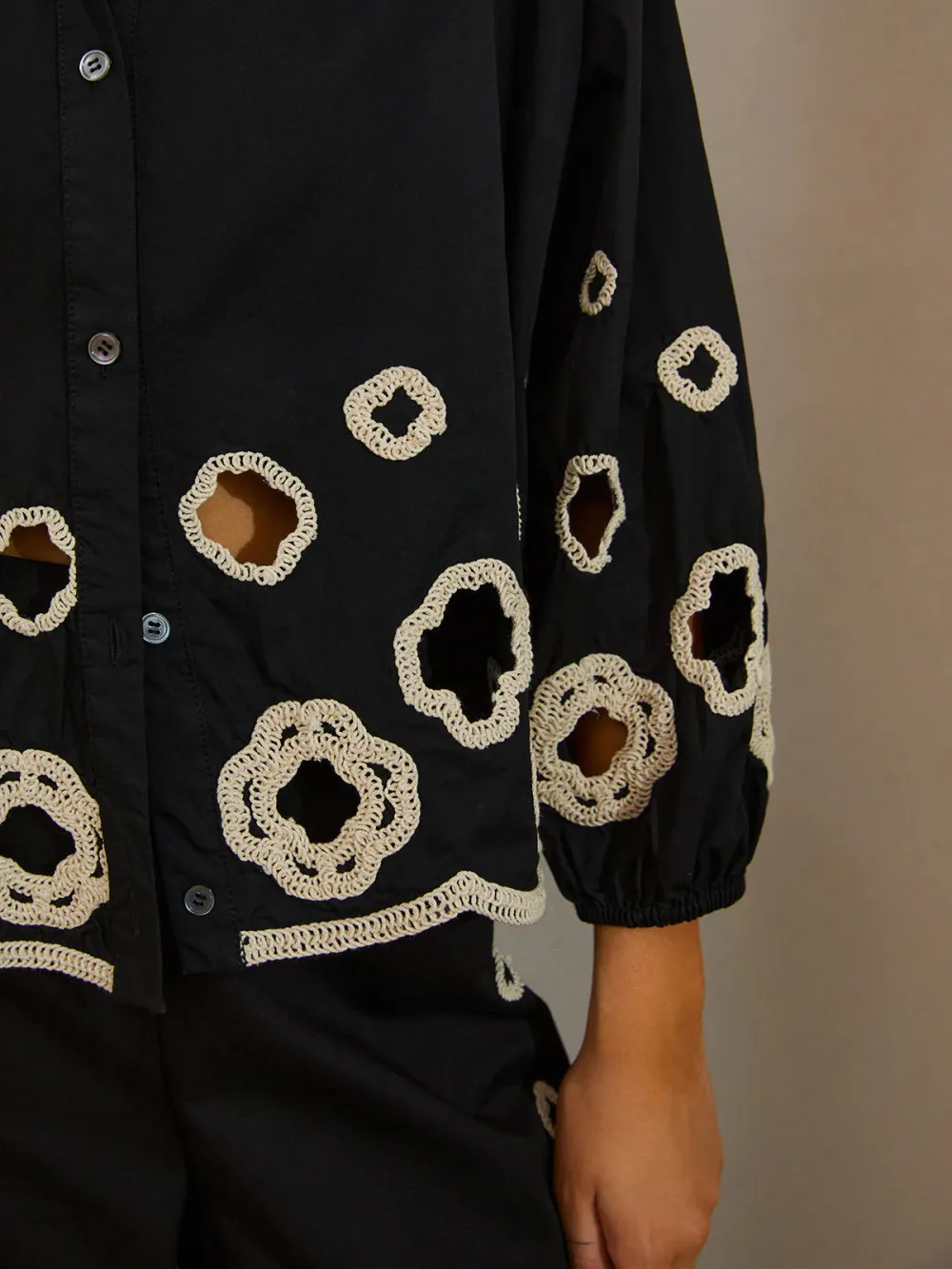Hollow Embroidered Button Front Blouse