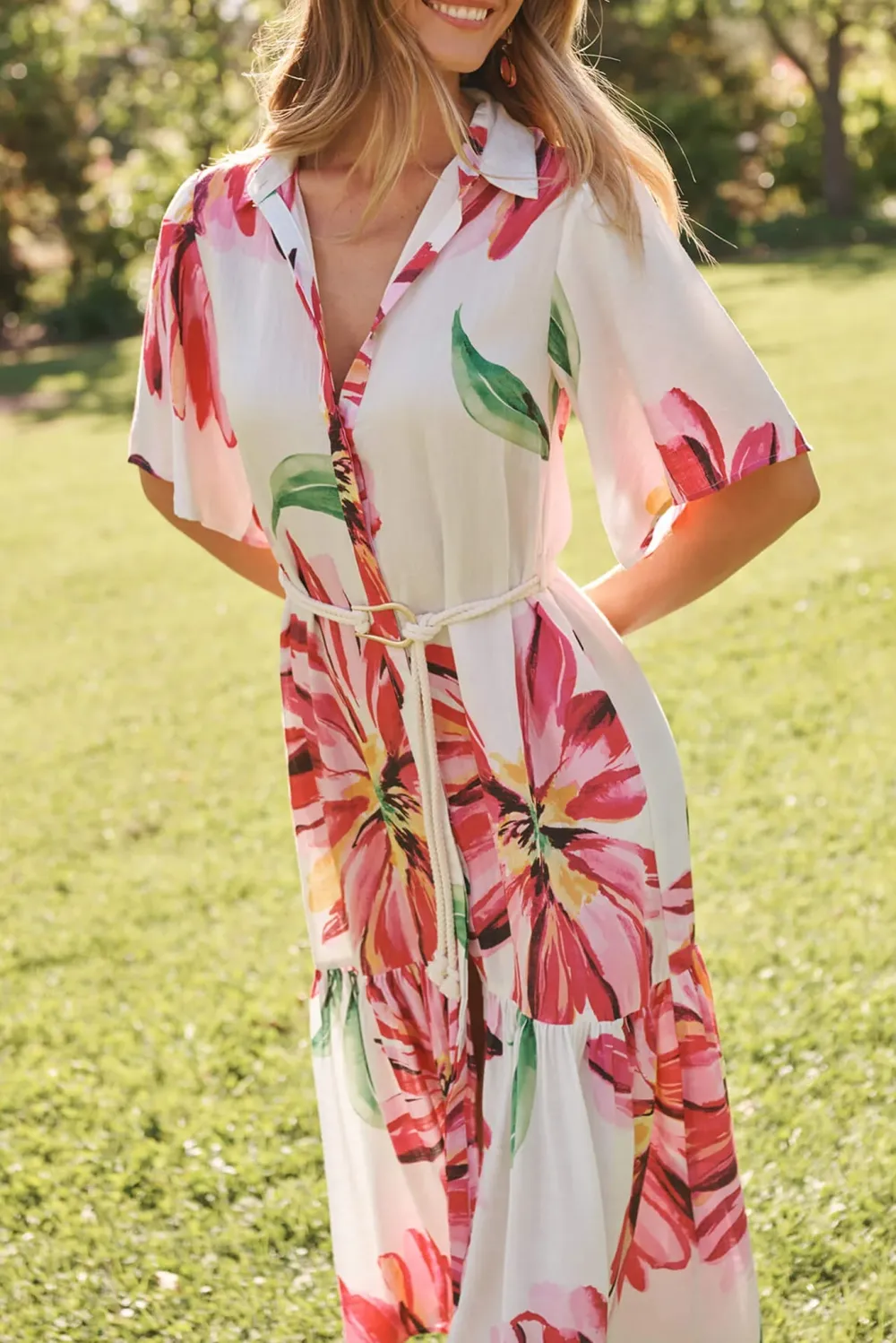 White Based Pink Floral Print Midi Dress