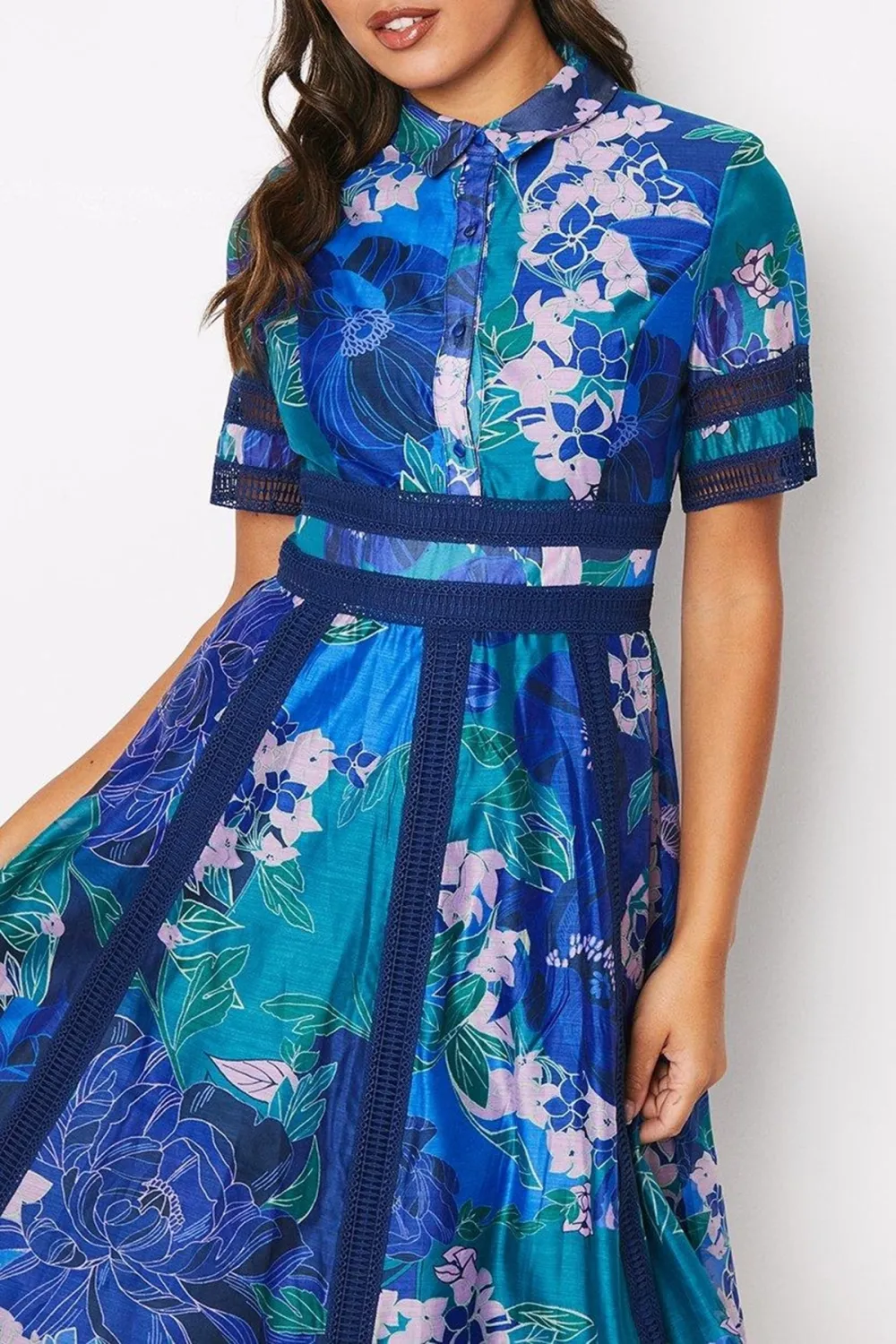 Printed Organza Lace Trim Mix Shirt Dress