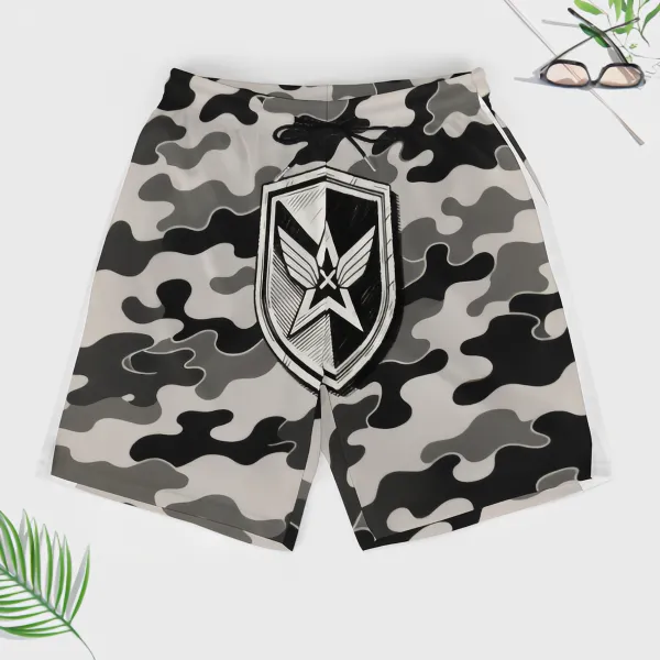 Black And White Camouflage Badge Print Sports Board Shorts