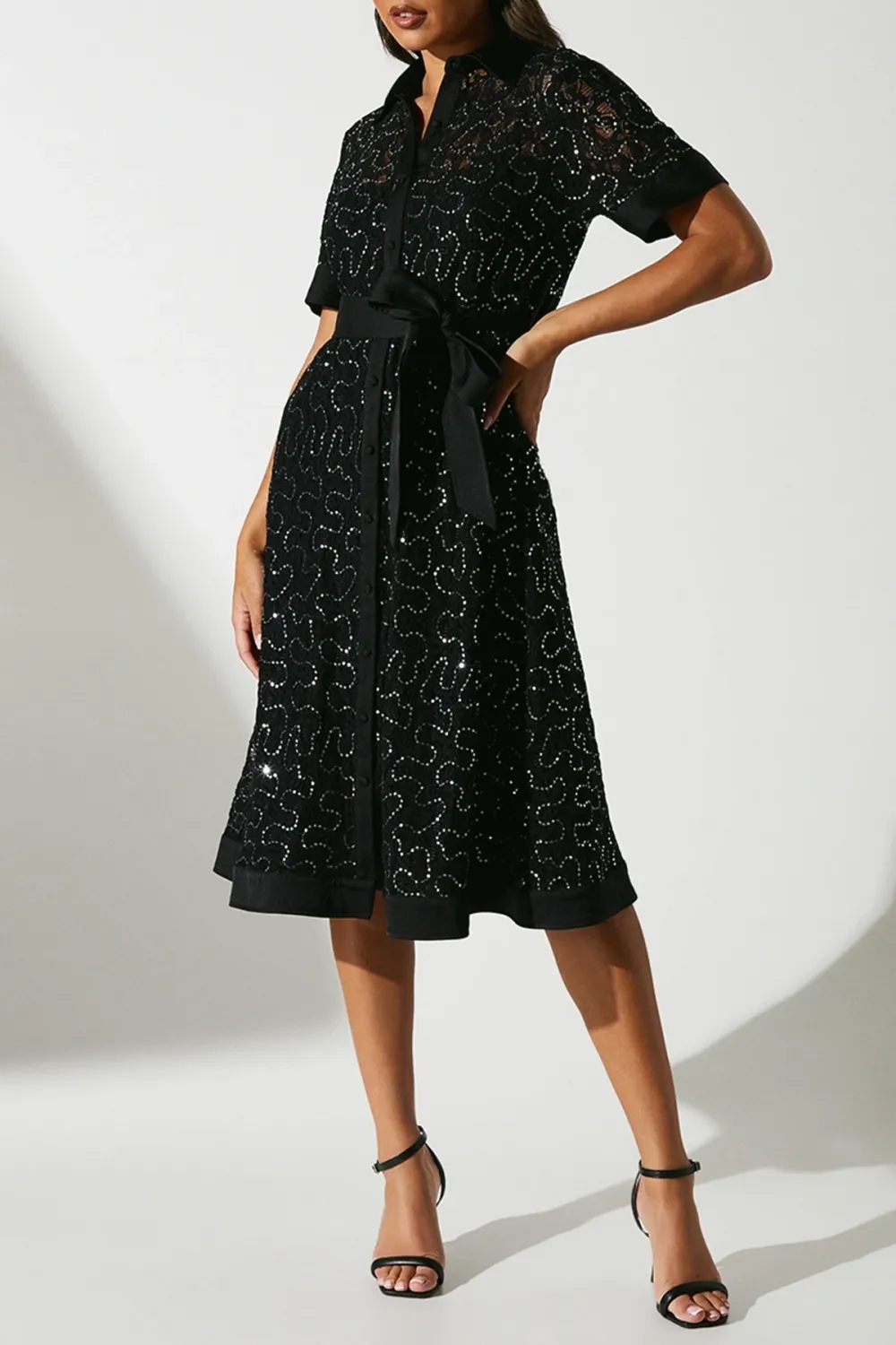 Embellished ¾ Length Sleeve Lace Tie Waist Midi Shirt Dress