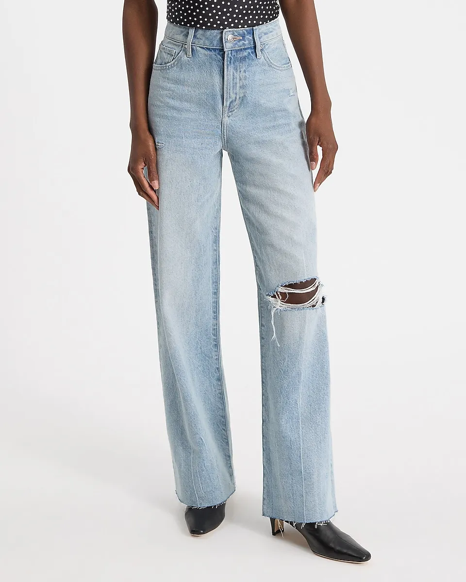 High Waisted Light Wash 50/50 Rigid Stretch Ripped Wide Leg Jeans