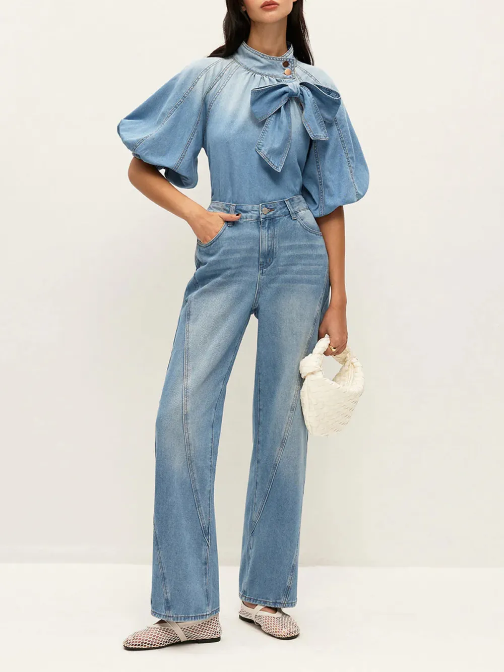 Bow Decor Half Sleeve Denim Blouse