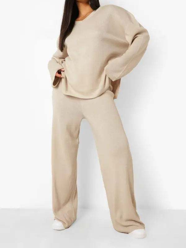 PLUS KNITTED V NECK SIDE SPLIT PANTS SET