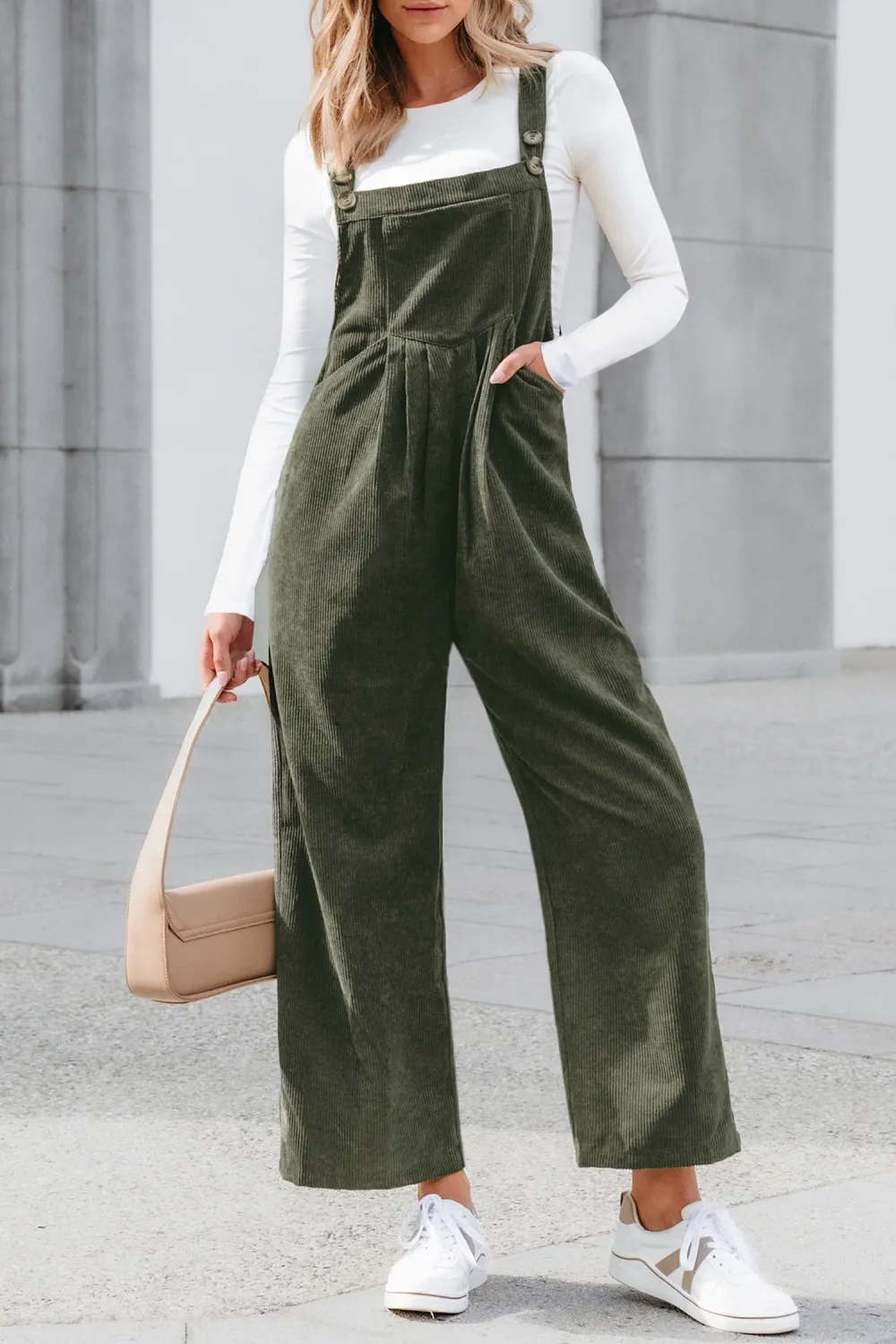 Green Corduroy Square Neck Jumpsuit