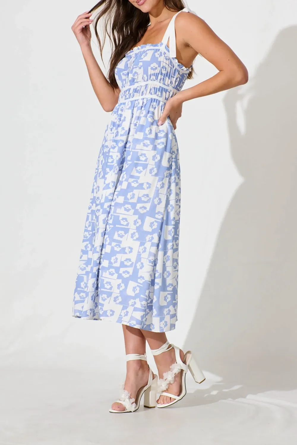 Light Blue Patterned Strapless Maxi Dress