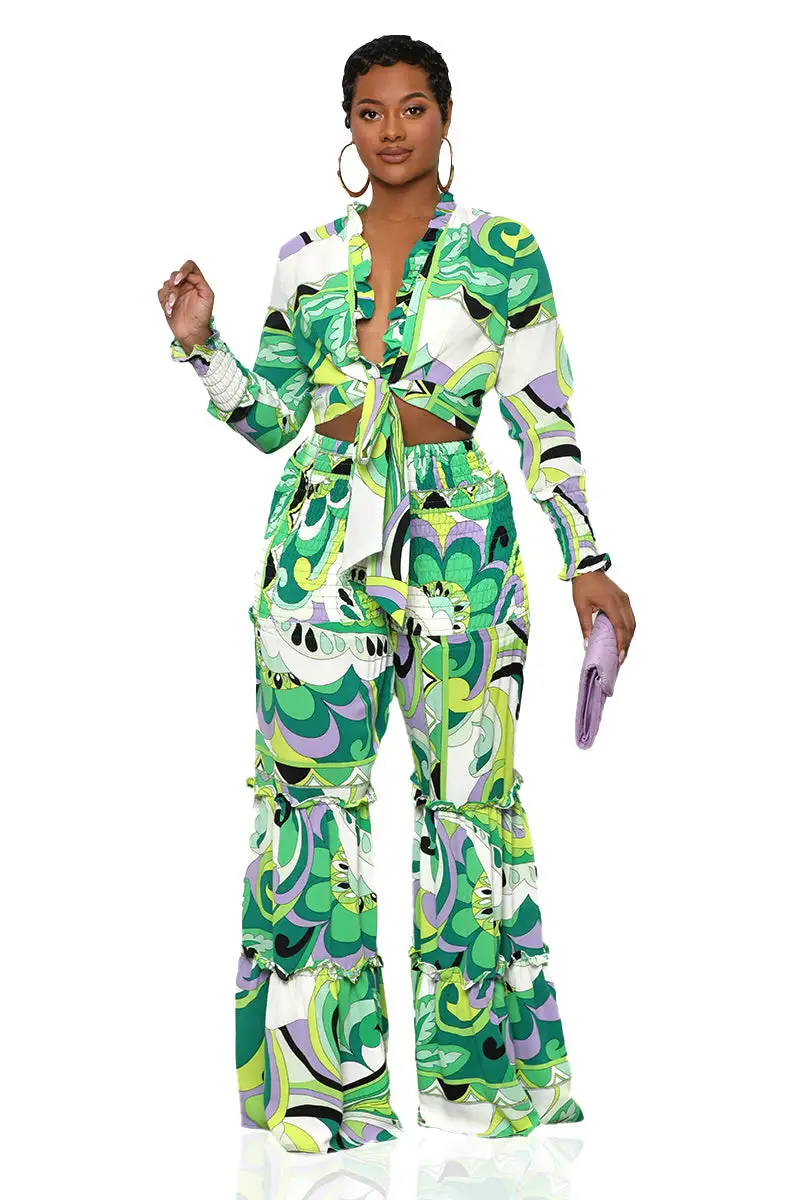 Vibrant Ruffles Wide Leg Pants Set (Green Multi)- FINAL SALE