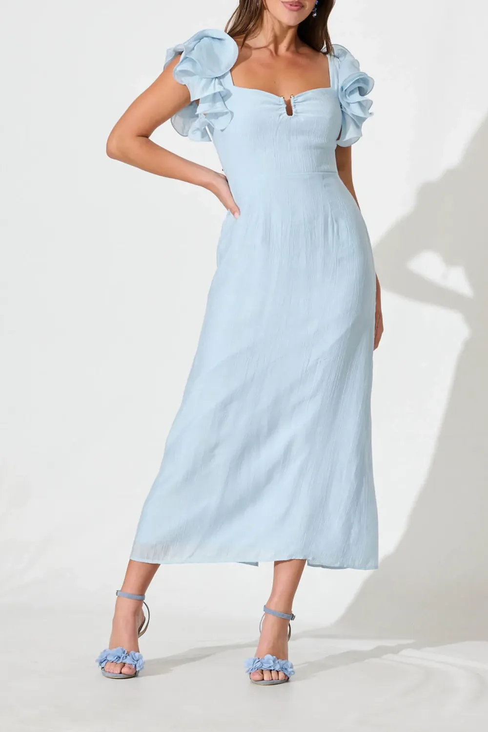 Light Blue Ruffled Sleeve Maxi Dress