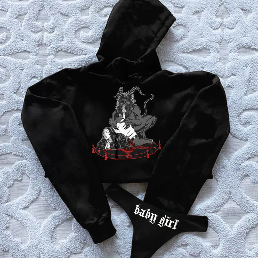Baby Girl Satan Printed Women's Cropped Hoodie & Thong Sets