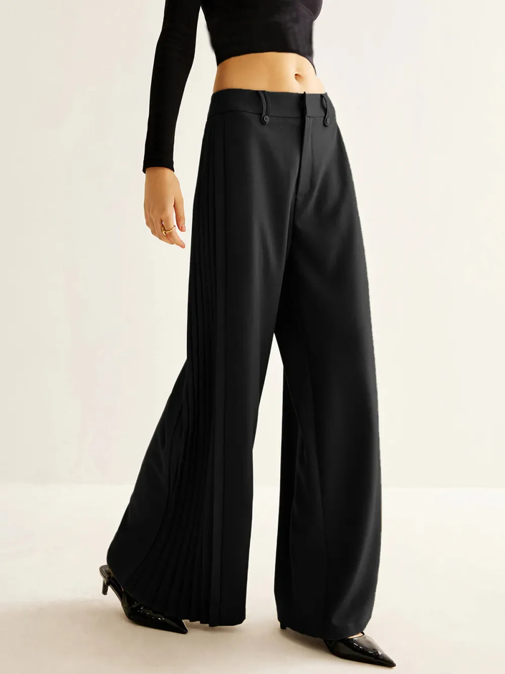 Pleated Detail Plain Wide-Leg Pants