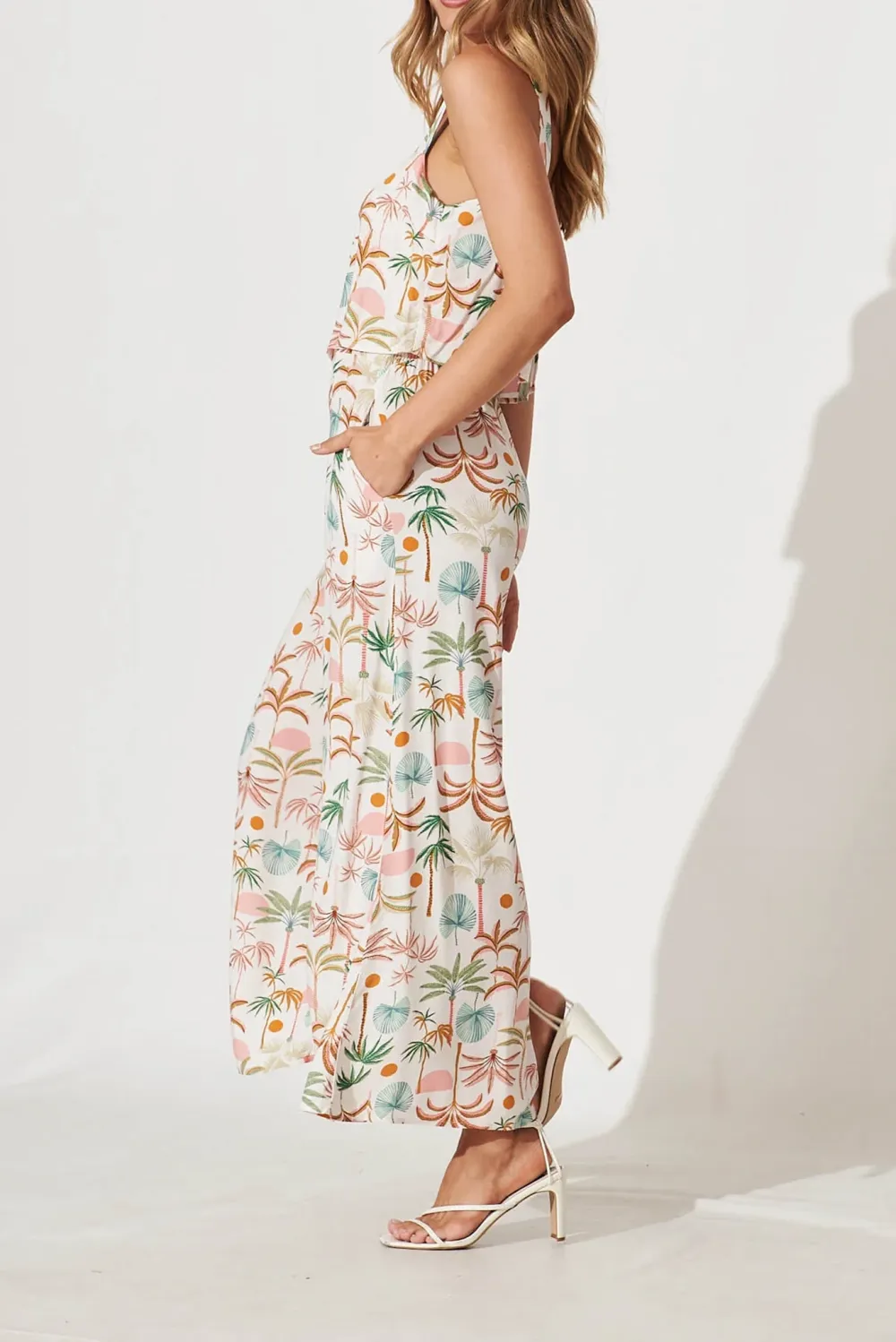 White Based Tropical Print Wide Leg Jumpsuit