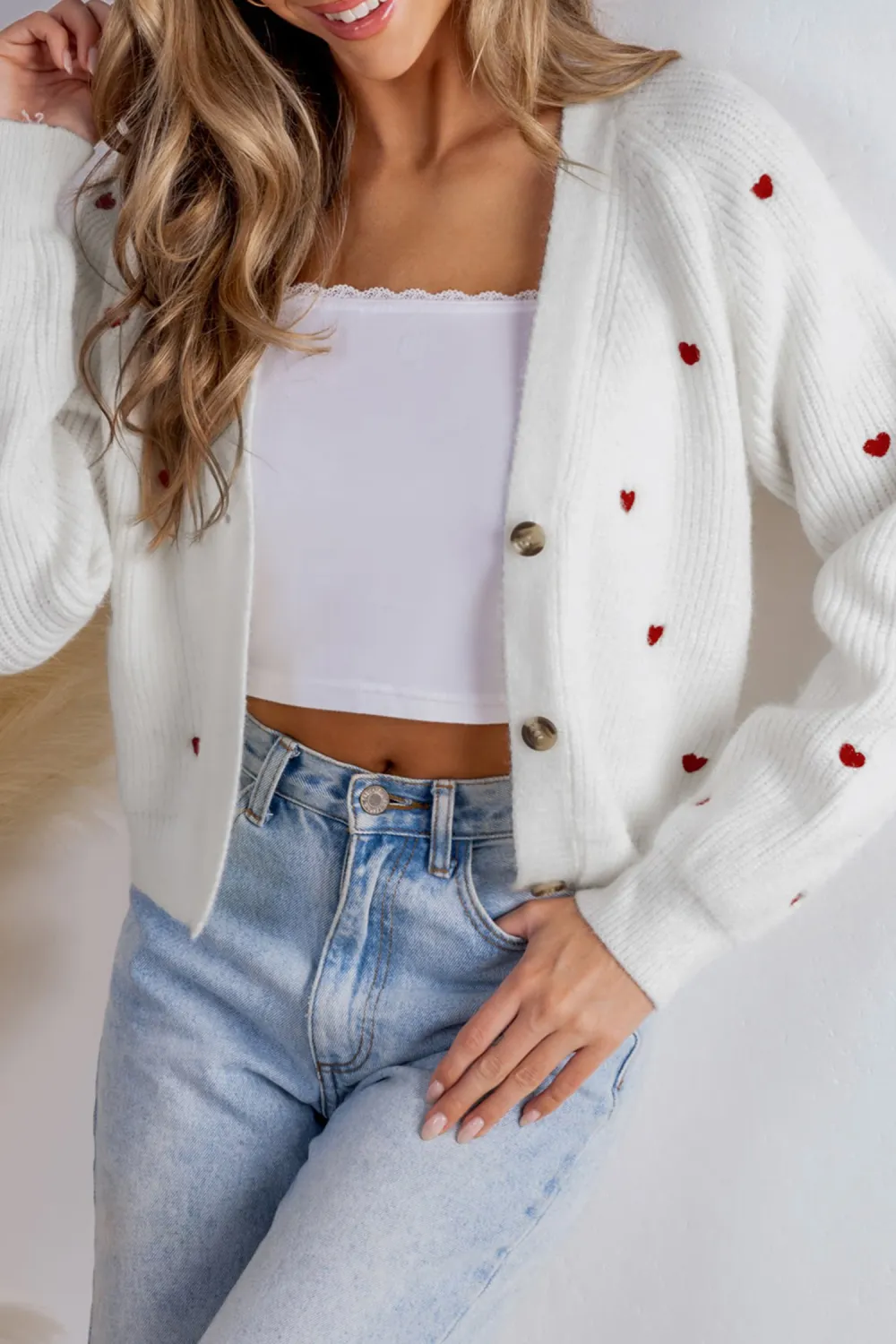 Heart Print Long Sleeve V-Neck Cardigan