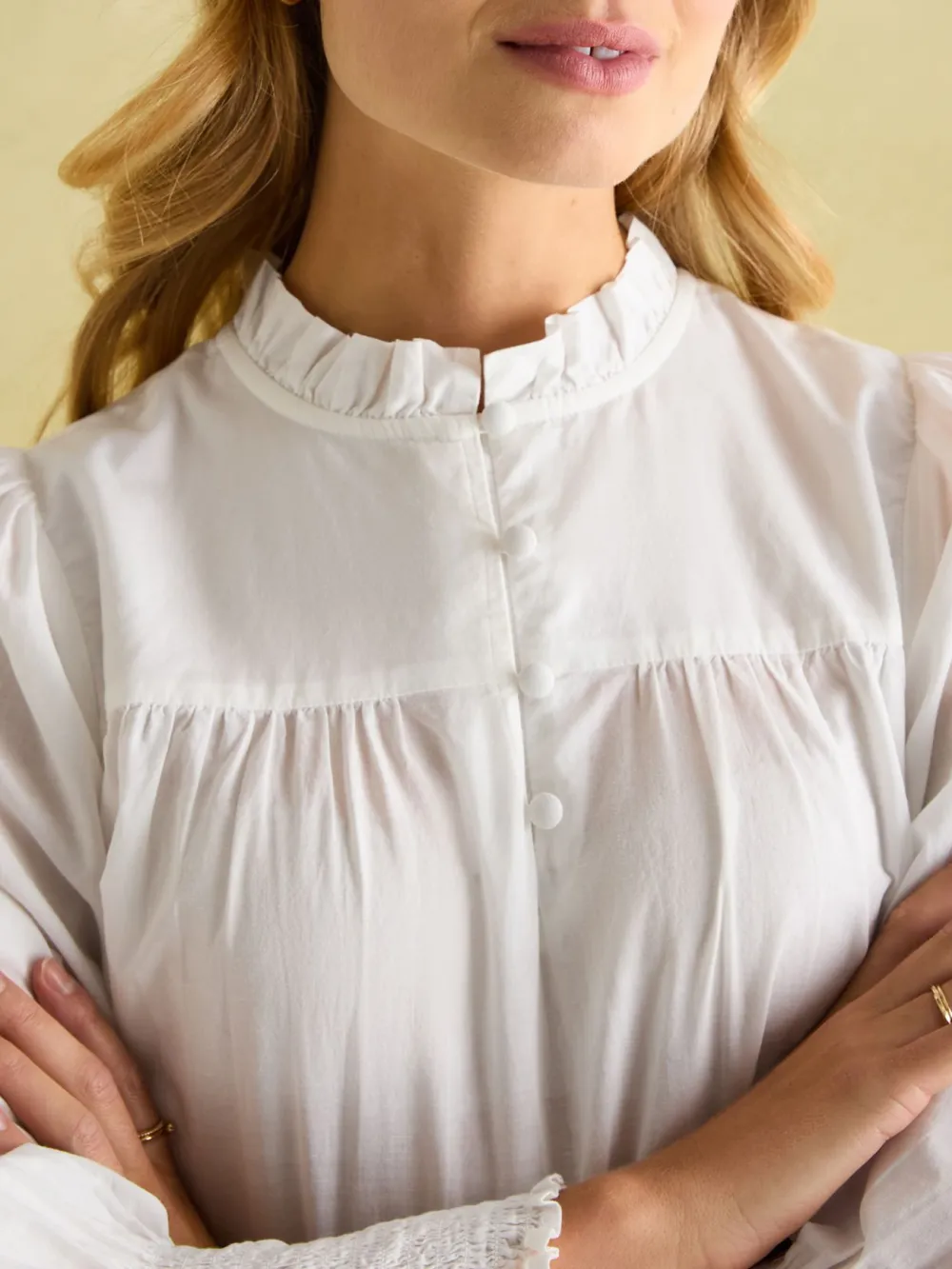 Medium Stretch Cream Cotton Frill Neck Blouse