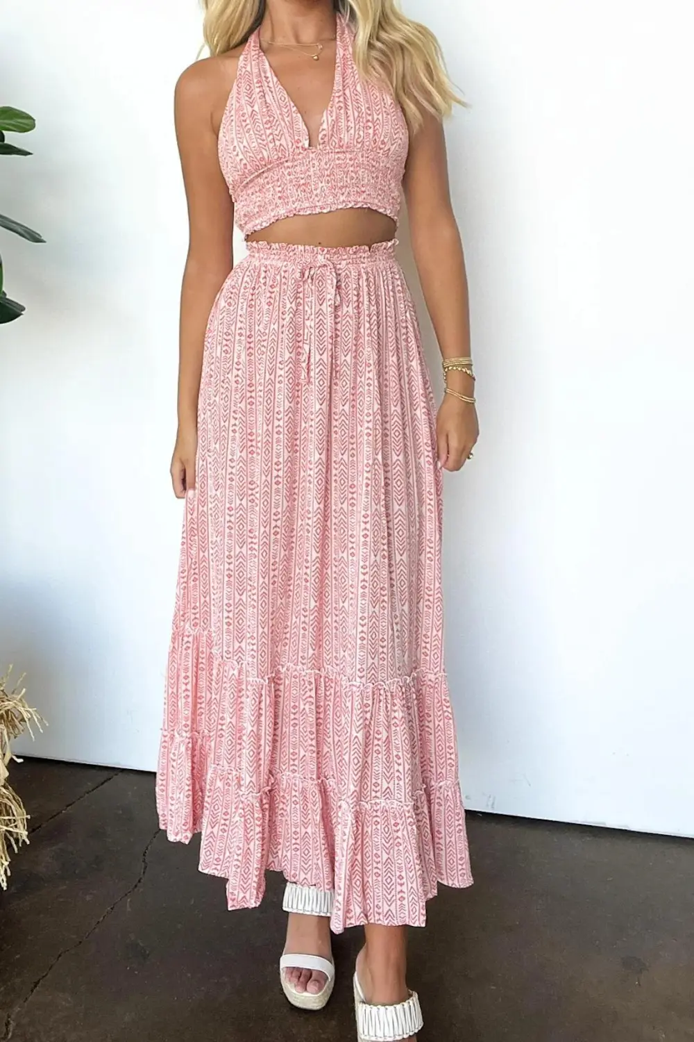 Boho Cutout Smocked Halter Top and Skirt Set