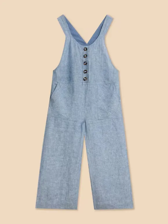 Viola Crop Linen Dungaree In Chambray Blue