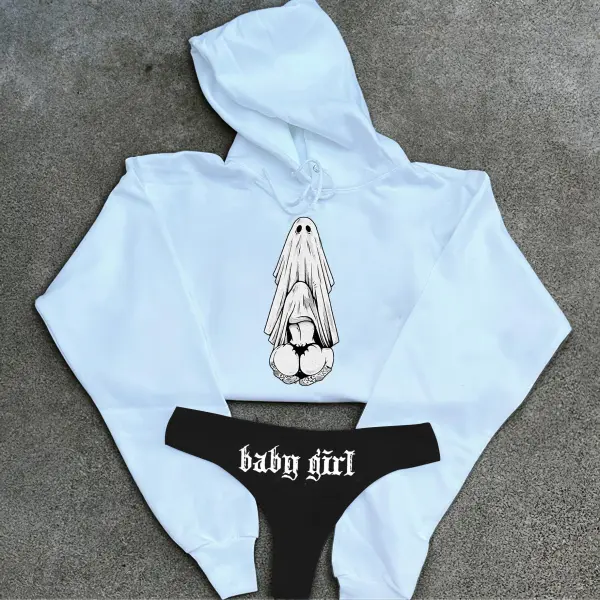 Naughty Ghost Printed Women's Cropped Hoodie & Thong Sets