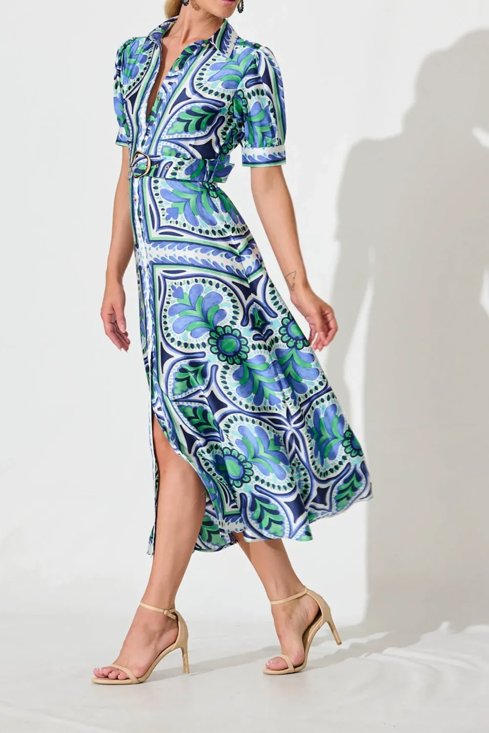 Blue Green Patterned Belted Midi Dress