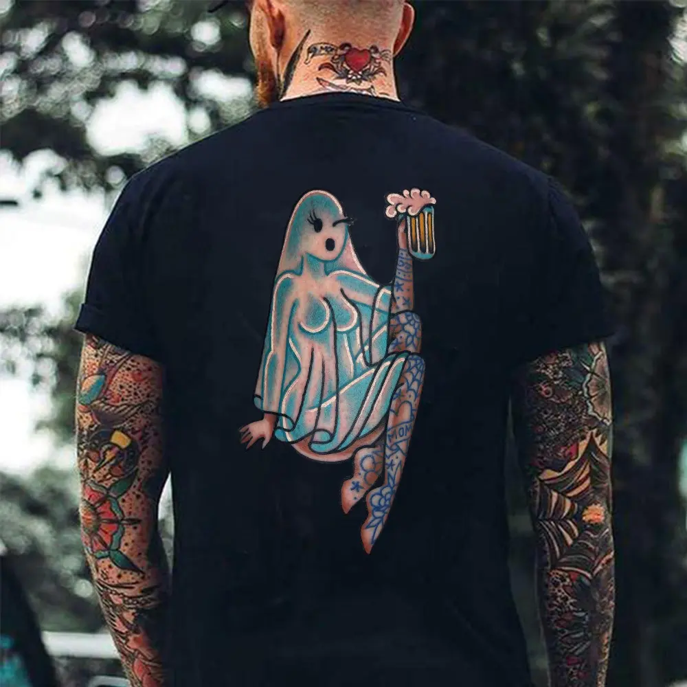 Beer Sexy Ghost Tattooed Lady Printed Men's T-shirt