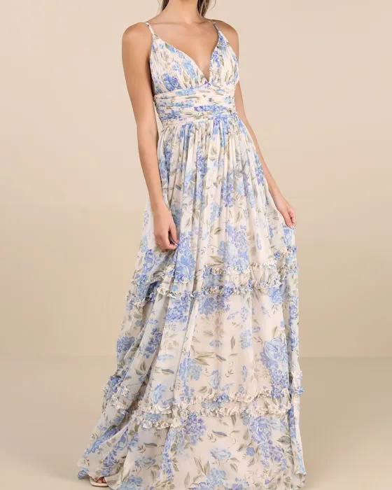 Niora Beige and Blue Floral Pleated Maxi Dress