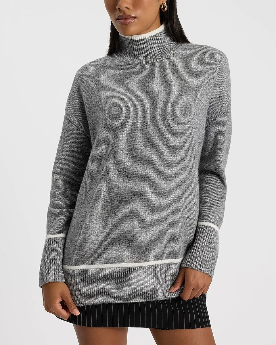 Tipped Mock Neck Tunic Sweater