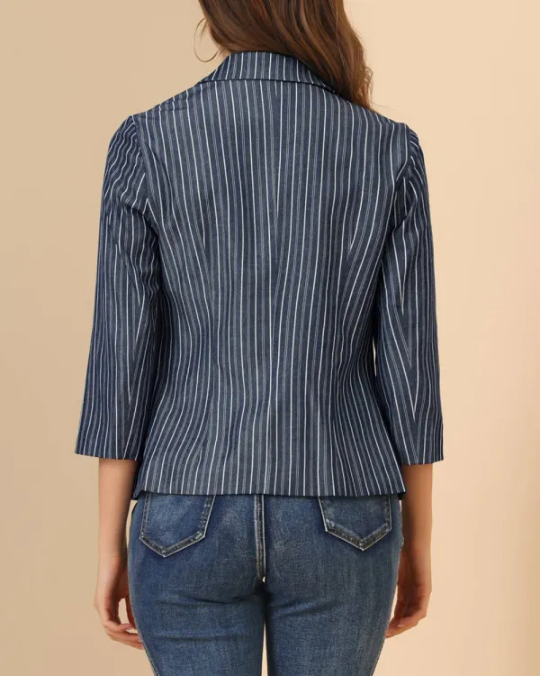 Allegra K- Striped 3/4 Sleeves Open Front Notched Lapel Blazer