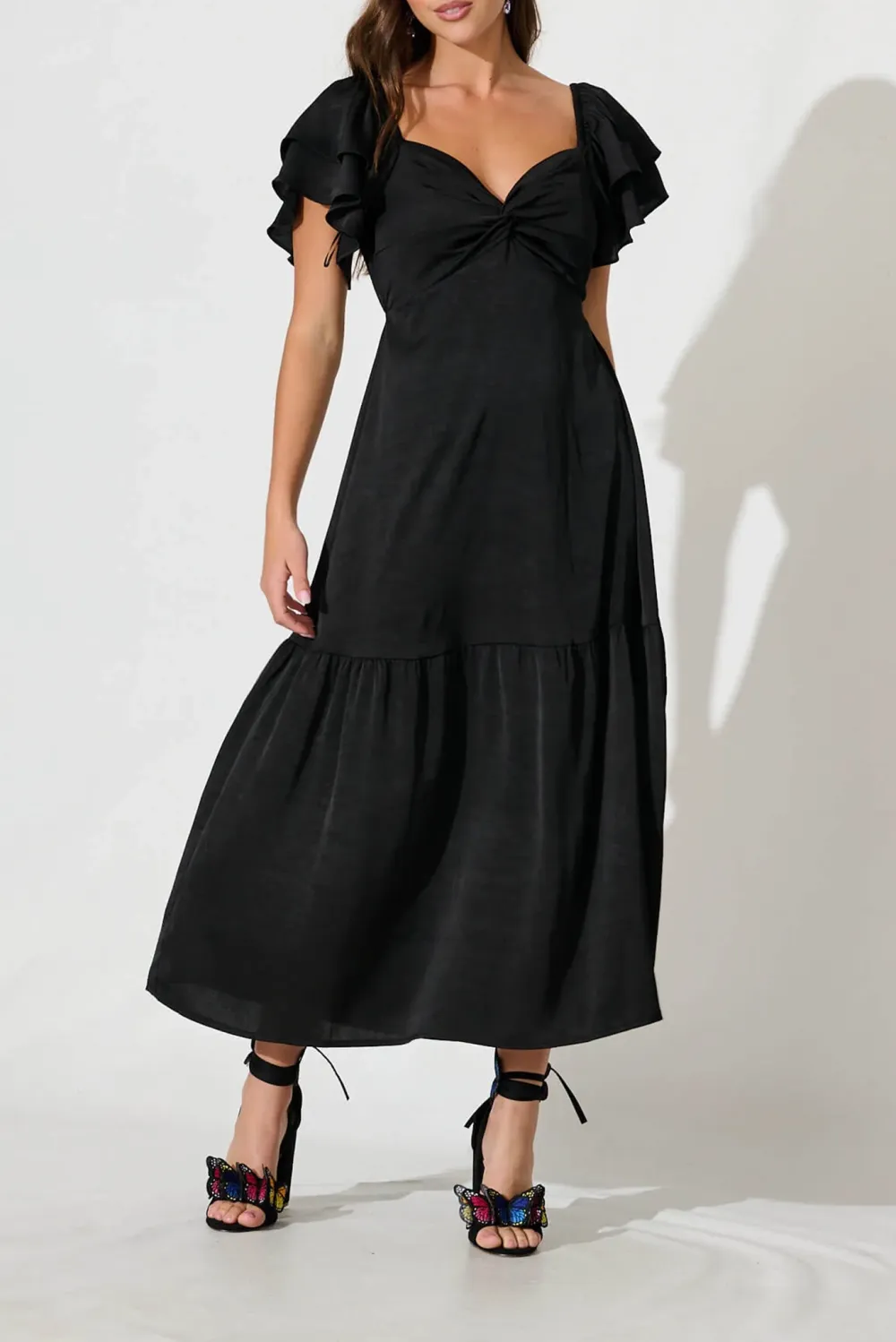Black Ruffled Sleeve Tiered Maxi Dress