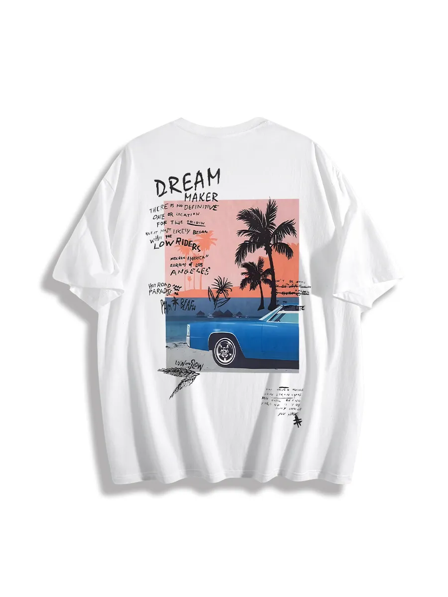 Men'S Letter Palm Tree Car Graphic Printed Crew Neck Short Sleeves T-Shirt