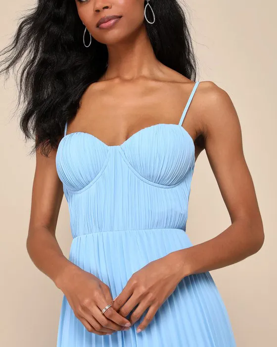 Admirable Elegance Light Blue Pleated Bustier Maxi Dress