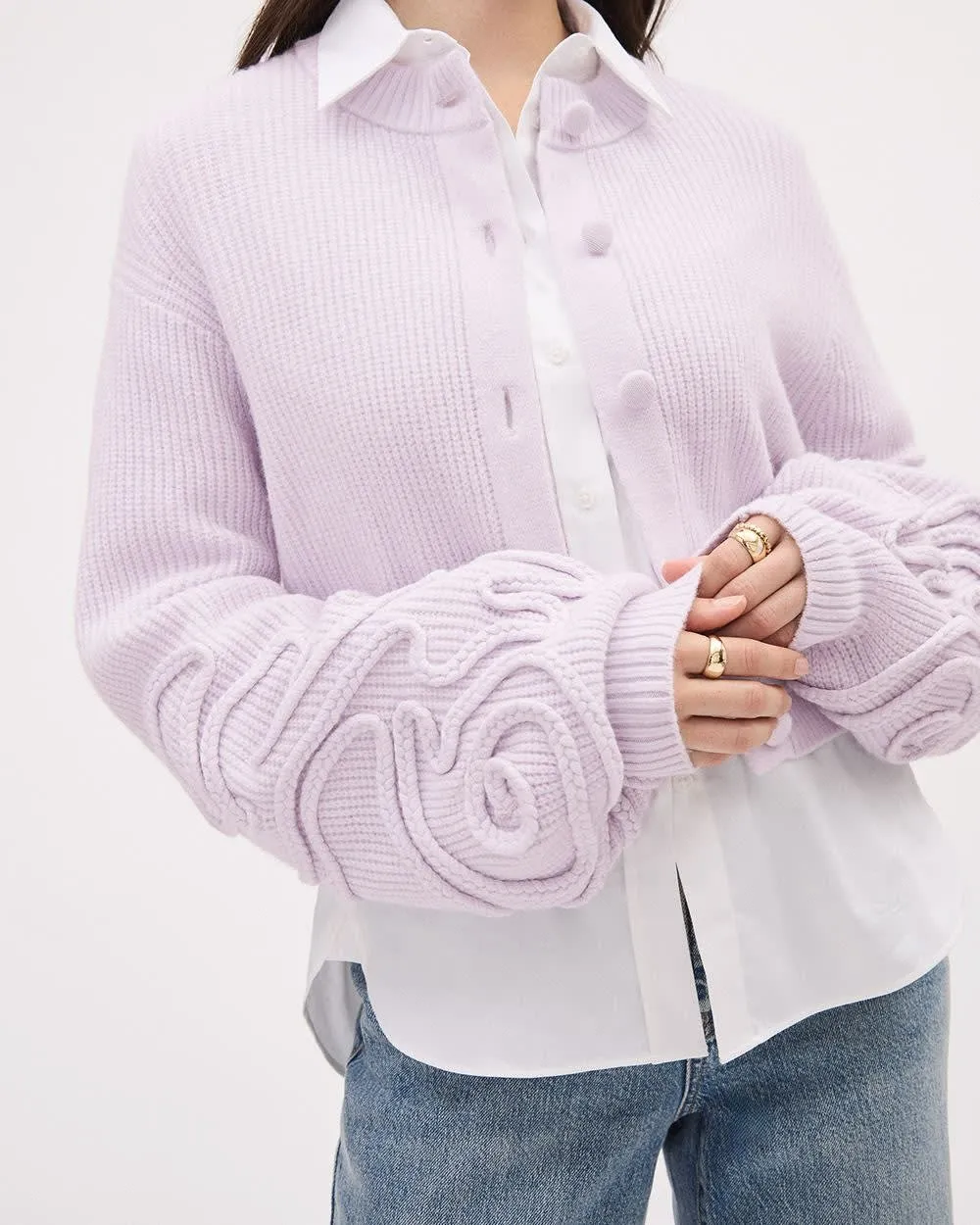 Long-Sleeve Crew-Neck Cardigan With Flower Appliques