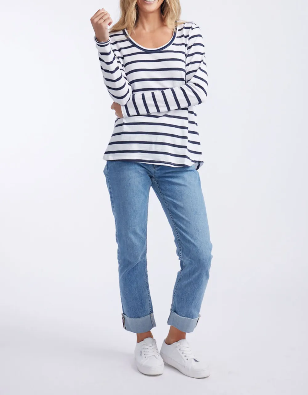 Original Round Neck Long Sleeve T-Shirt - Navy/White Stripe