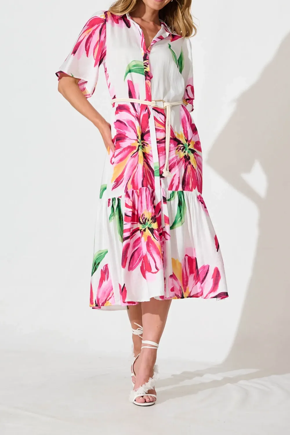 White Based Pink Floral Print Midi Dress